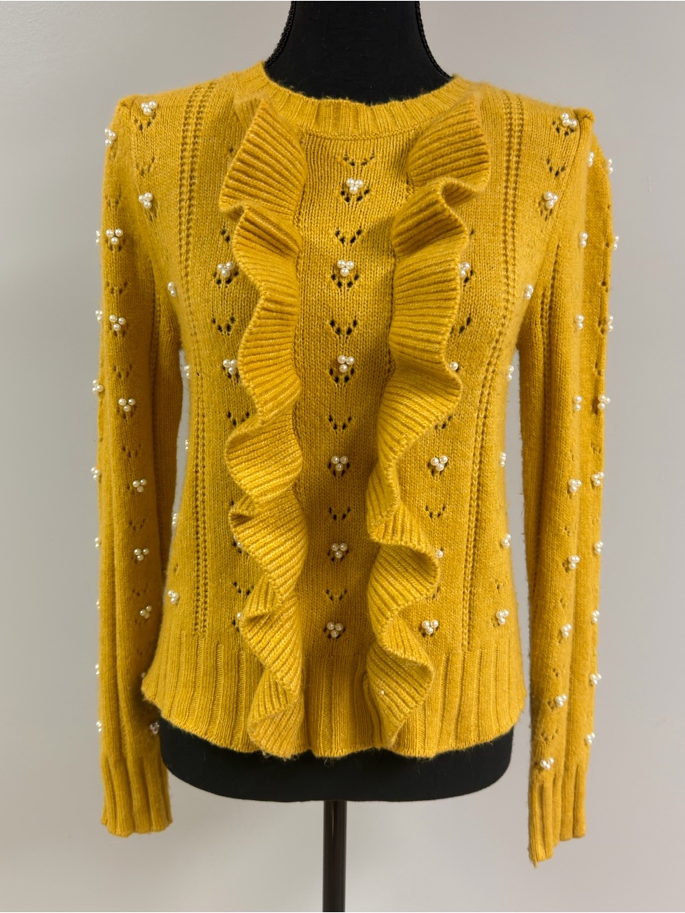 Industry Republic Mustard Yellow Pearl Beaded Ruffle Puff Sleeve Knit Sweater M
